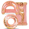 thumbnail image 1 of POZA Inflatable Rose Gold Pool Floats Seating Bundle - Premium Luxurious Loungers Filled With Sparkle Gold Confetti, 36" Tube, 48" Pool Chair, and 56" Water Hammock Set - 3 Pieces Pack, 1 of 7