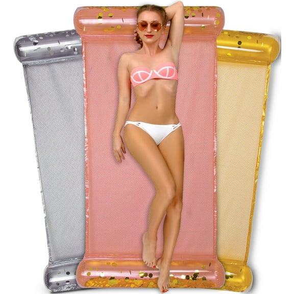 POZA Inflatable Rose Gold, Gold, & Silver Water Hammock Set of 3 Pack - Luxurious Pool Float Lounger Filled With Sparkle Confetti, 4-IN-1 Saddle, Lounge Chair, Hammock, & Drifter - 56 x 30 Inch