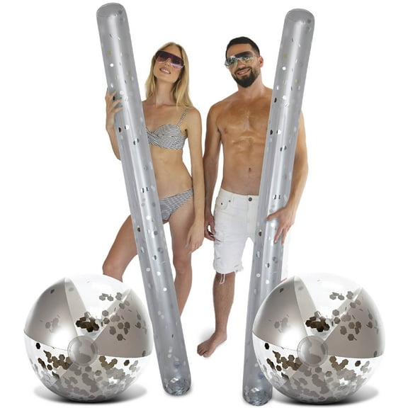 POZA Inflatable Silver Beach Balls and Giant Pool Noodles - Premium Luxurious 16" Beach Balls and 74" Water Floating Noodles Filled with Silver Sparkle Confetti, Pool Party Float Decorations - 4 Pack