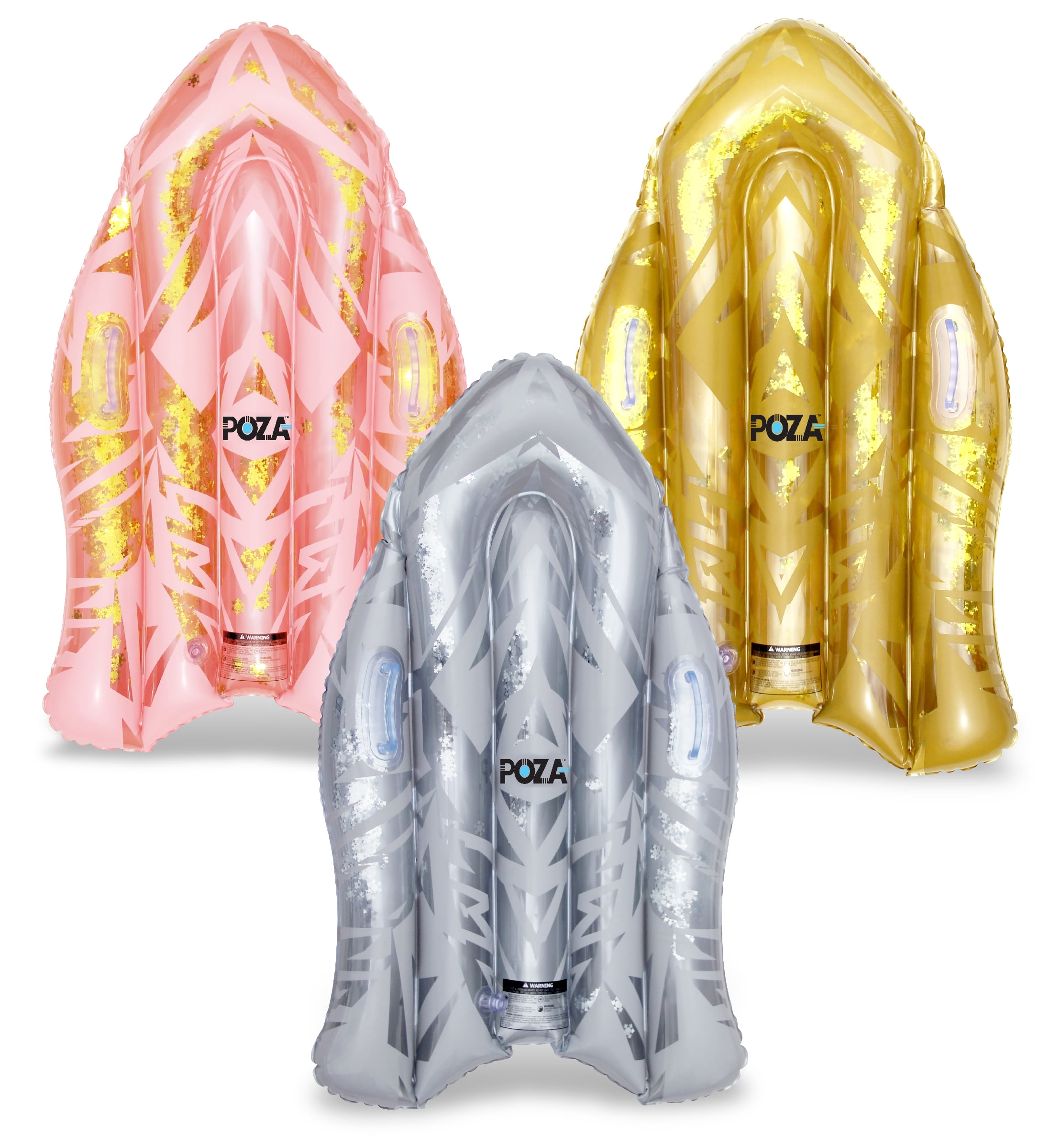 POZA Inflatable Snow Boogie Sled Set of 3 Luxurious Rose Gold, Gold, and Silver Snow Sleds with Handles and Snowflake Confetti, Heavy Duty Cold Resistant PVC Sled for Adults and Kids 44 Inch