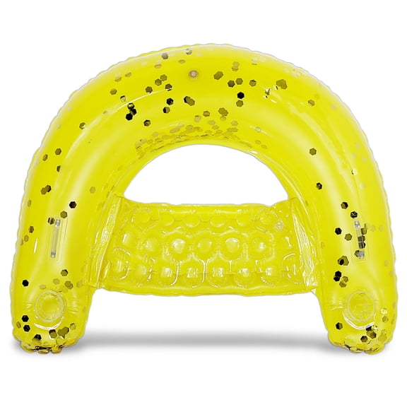 POZA Inflatable Yellow Gold Pool Float Chair - Sparkly Confetti Lounge Inflatable Float with 2 Built-in Cup Holders and Handles, Floating Lounger Chair for Beach, Lake and Pool - 48x38 Inches