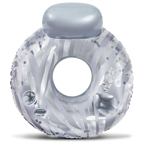 POZA Silver Inflatable Luxury Tube with Back Rest - Big Luxurious Lounger Pool Float Tube Filled with Sparkle Confetti, Built in Phone Holder, Cup Holders, and Handles, Premium Thick Ring - 42 Inches