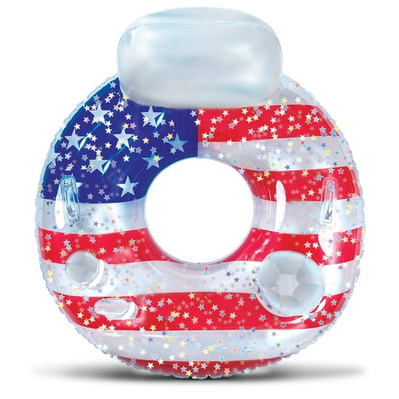POZA Inflatable USA Flag Pool Float - Luxurious Tube Filled with Sparkle Silver Stars Confetti, Cool Inflatable Tube with Cup Holders and Handles, Swimming Pool Floaties for Beach, Lake - 42 Inches