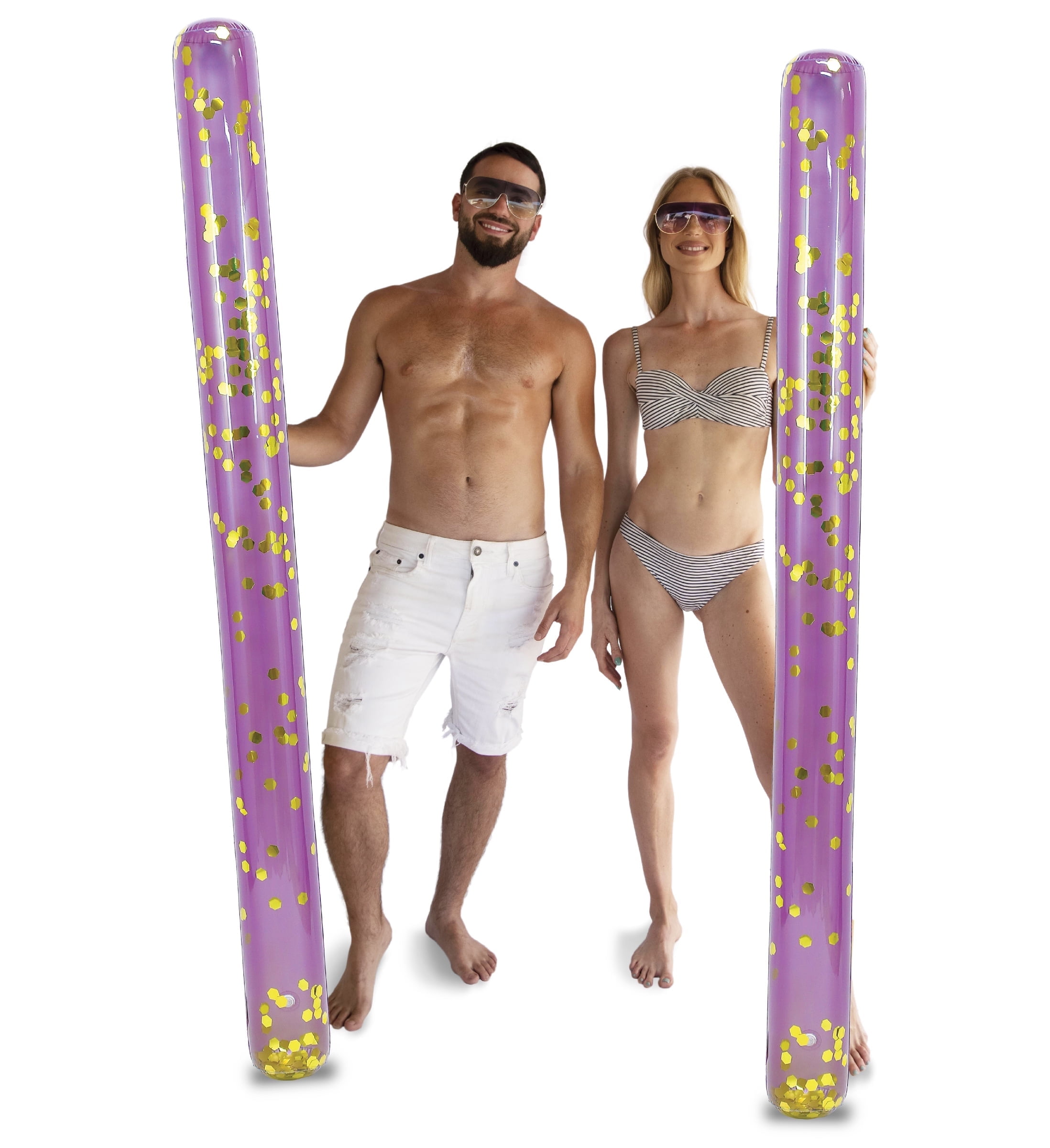 POZA 2 Pack Jumbo Inflatable Pool Noodle Floats - 74-inch Premium Luxurious Giant Pool Noodle Inflatable Floats, Sparkle Gold Glitter Confetti Float for Ocean, Lake, or Beach