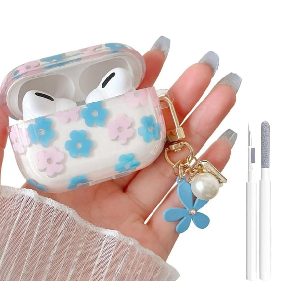POZYIE Compatible with AirPods 4 Clear Case,Cute Flower Floral Aesthetic Design with Flowers Keychain, Soft TPU Protective Shockproof Case for Women Girl for Airpods 4,Blue