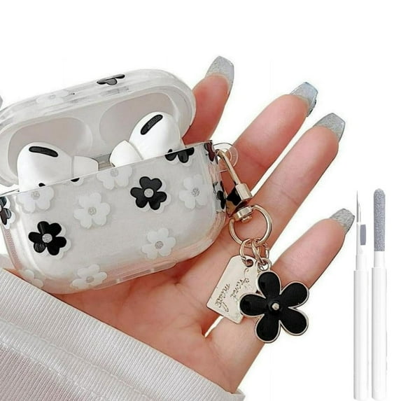 POZYIE Compatible with AirPods Pro Clear Case,Cute Cartoon Flower Pattern Design with Floral Keychain,Soft TPU Protective Shockproof Case for AirPod Pro for Girls Women,Black