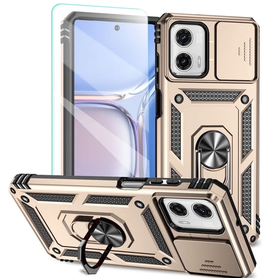 POZYIE for Motorola Moto G Power 5G 2024 Rugged Phone Case with Screen Protector and Sliding Camera Cover, Kickstand TPU Bumper Drop-Proof Durable Military-Grade Protective Case,Gold