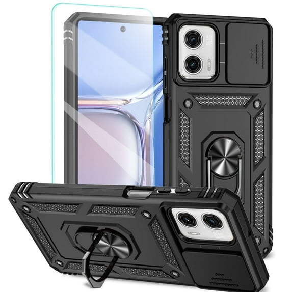 POZYIE for Motorola Moto G Power 5G 2024 Rugged Phone Case with Screen Protector and Sliding Camera Cover, Kickstand TPU Bumper Drop-Proof Durable Military-Grade Protective Case,Black
