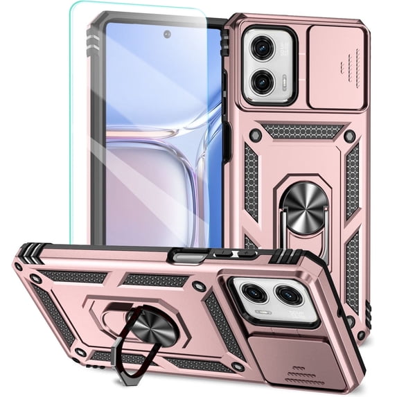 POZYIE for Motorola Moto G Power 5G 2024 Rugged Phone Case with Screen Protector and Sliding Camera Cover, Kickstand TPU Bumper Drop-Proof Durable Military-Grade Protective Case,Rose Gold