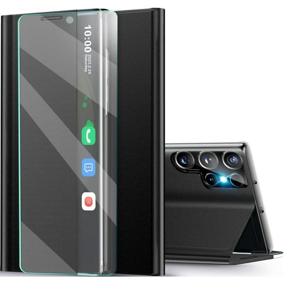 POZYIE for Samsung Galaxy S25 5G with Screen Protector, Luxury Flip Shockproof, Kickstand Leather Hard Phone Case, Black