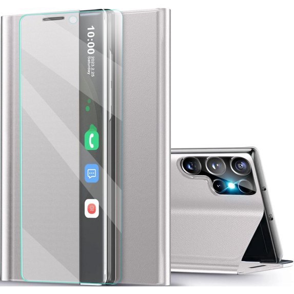 POZYIE for Samsung Galaxy S25 5G with Screen Protector, Luxury Flip Shockproof, Kickstand Leather Hard Phone Case, Silver