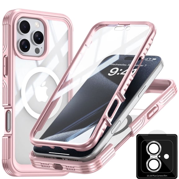 Pozyie for iPhone 16 with Lens Protector, Military Grade Rugged Body, Built-in Screen Protector Design, Clear Bumper Frame Phone Case, Pink