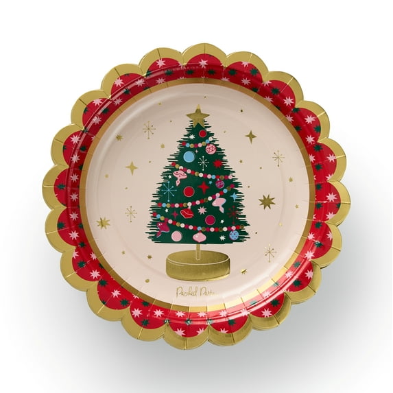 Packed Party Christmas Tree 9" Paper Dinner Plates with Gold Foil, 10 Count