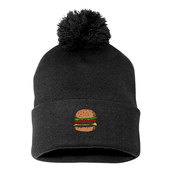 PP-BNE Embroidered Pom Pom Hamburger Beanie for Men and Women-EM-0030-Black