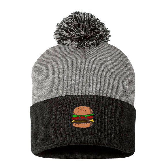 PP-BNE Embroidered Pom Pom Hamburger Beanie for Men and Women-EM-0030-Gray-Black