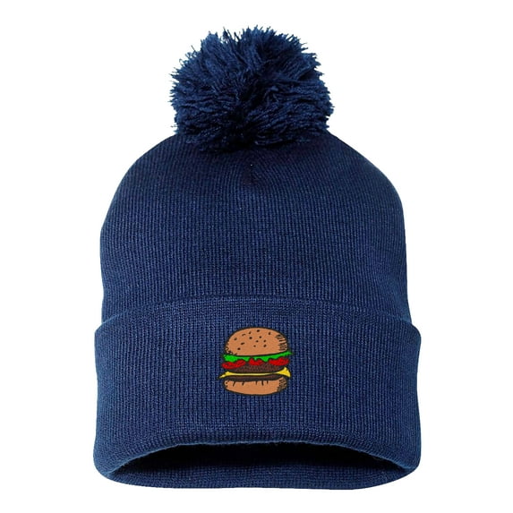 PP-BNE Embroidered Pom Pom Hamburger Beanie for Men and Women-EM-0030-Navy