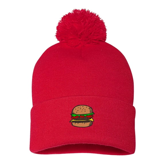 PP-BNE Embroidered Pom Pom Hamburger Beanie for Men and Women-EM-0030-Red