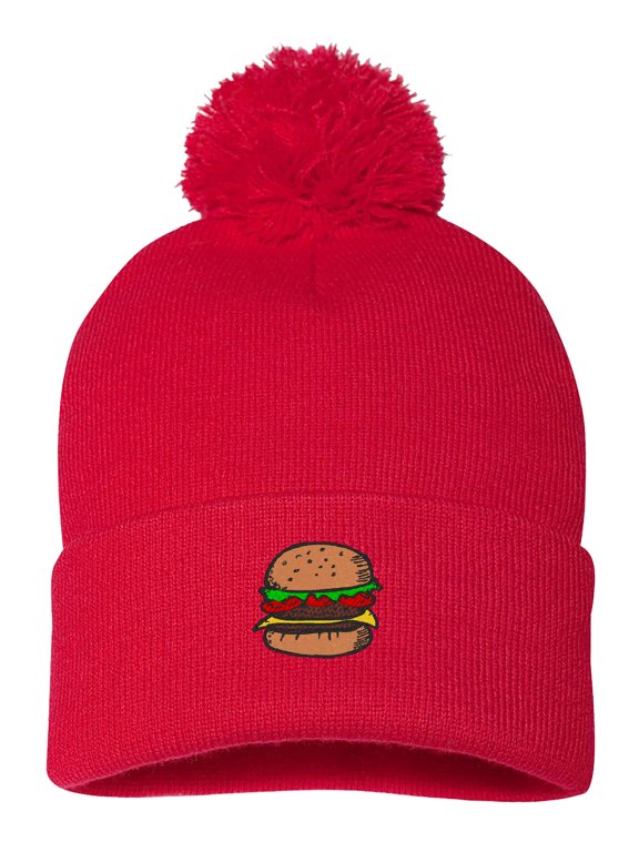PP-BNE Embroidered Pom Pom Hamburger Beanie for Men and Women-EM-0030-Red