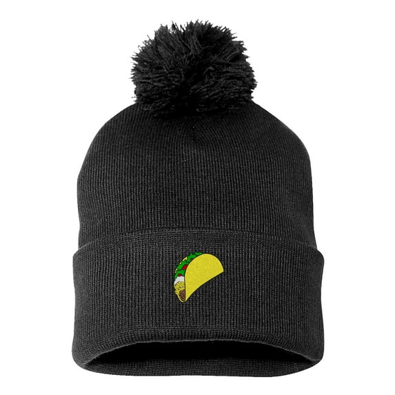 PP-BNE Embroidered Pom Pom Taco Beanie for Men and Women-EM-0017-Black