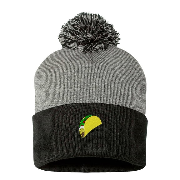 PP-BNE Embroidered Pom Pom Taco Beanie for Men and Women-EM-0017-Gray-Black