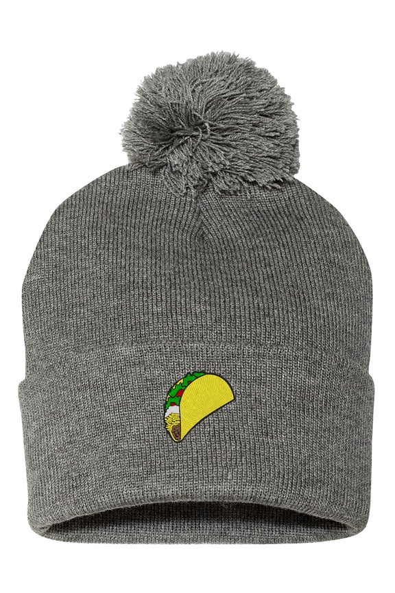 PP-BNE Embroidered Pom Pom Taco Beanie for Men and Women-EM-0017-Gray