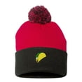 thumbnail image 1 of PP-BNE Embroidered Pom Pom Taco Beanie for Men and Women-EM-0017-Red-Black, 1 of 1