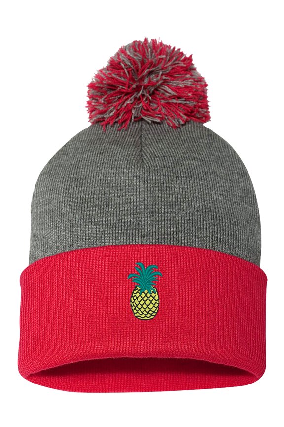 PP-BNE Pineapple Embroidered Warm Pom Pom Beanie for Men and Women-EM-0009-Gray-Red
