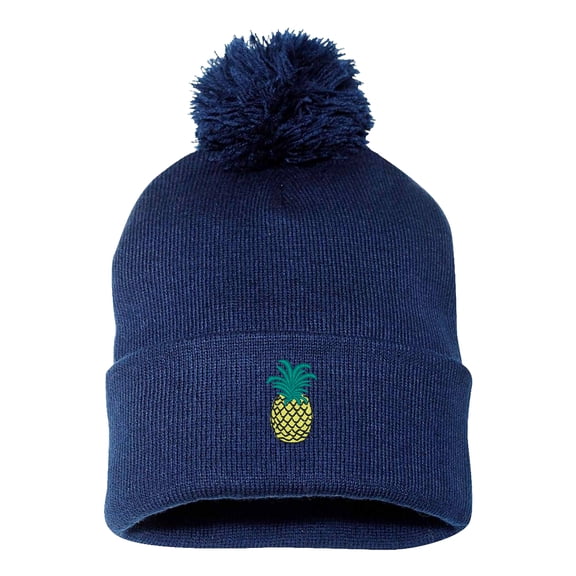 PP-BNE Pineapple Embroidered Warm Pom Pom Beanie for Men and Women-EM-0009-Navy