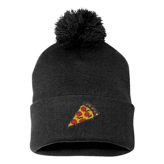 PP-BNE Pizza Slice Pepperoni Embroidery Stitch, Warm Pom Pom Beanie Hat EM-0008-Black