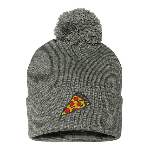 PP-BNE Pizza Slice Pepperoni Embroidery Stitch, Warm Pom Pom Beanie Hat EM-0008-Gray