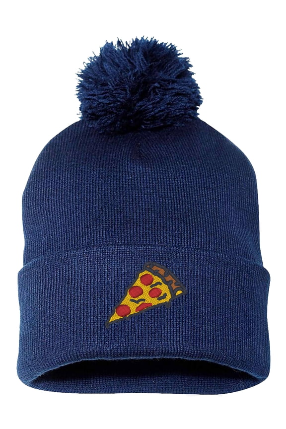 PP-BNE Pizza Slice Pepperoni Embroidery Stitch, Warm Pom Pom Beanie Hat EM-0008-Navy