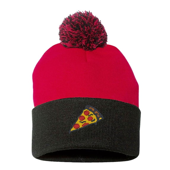 PP-BNE Pizza Slice Pepperoni Embroidery Stitch, Warm Pom Pom Beanie Hat EM-0008-Red-Black