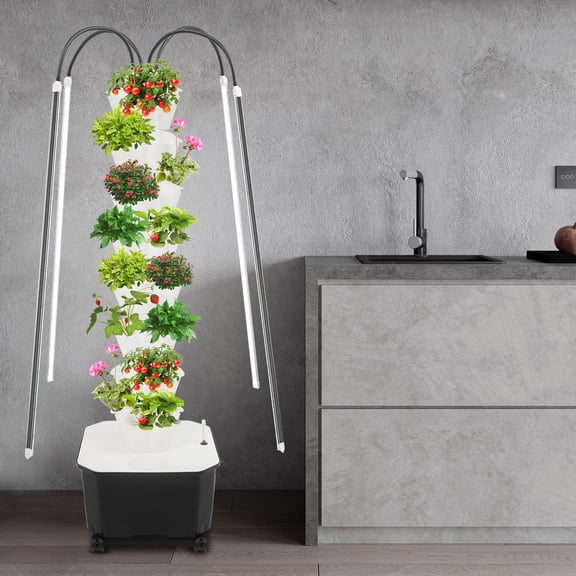 PP Floorstanding White Growing Tower 40-Plant Hydroponic Outdoor Indoor Vertical Hydroponics System