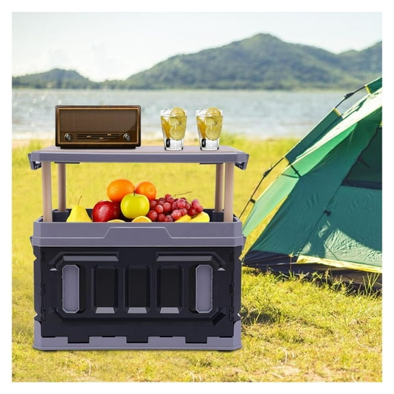 PP Folding Storage Box, Outdoor Portable Camping Box Camping Folding Box Table Equipment, Camping Organizer For Trunks, Study Rooms (Black&Grey)