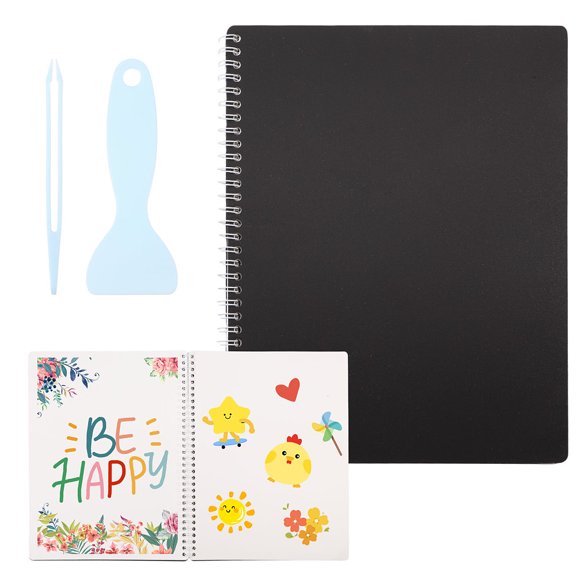 PP Plastic & Paper Sticker Collecting Book Hand Account Release Paper with Tweezers and Scraper Black 282x223x6.5mm