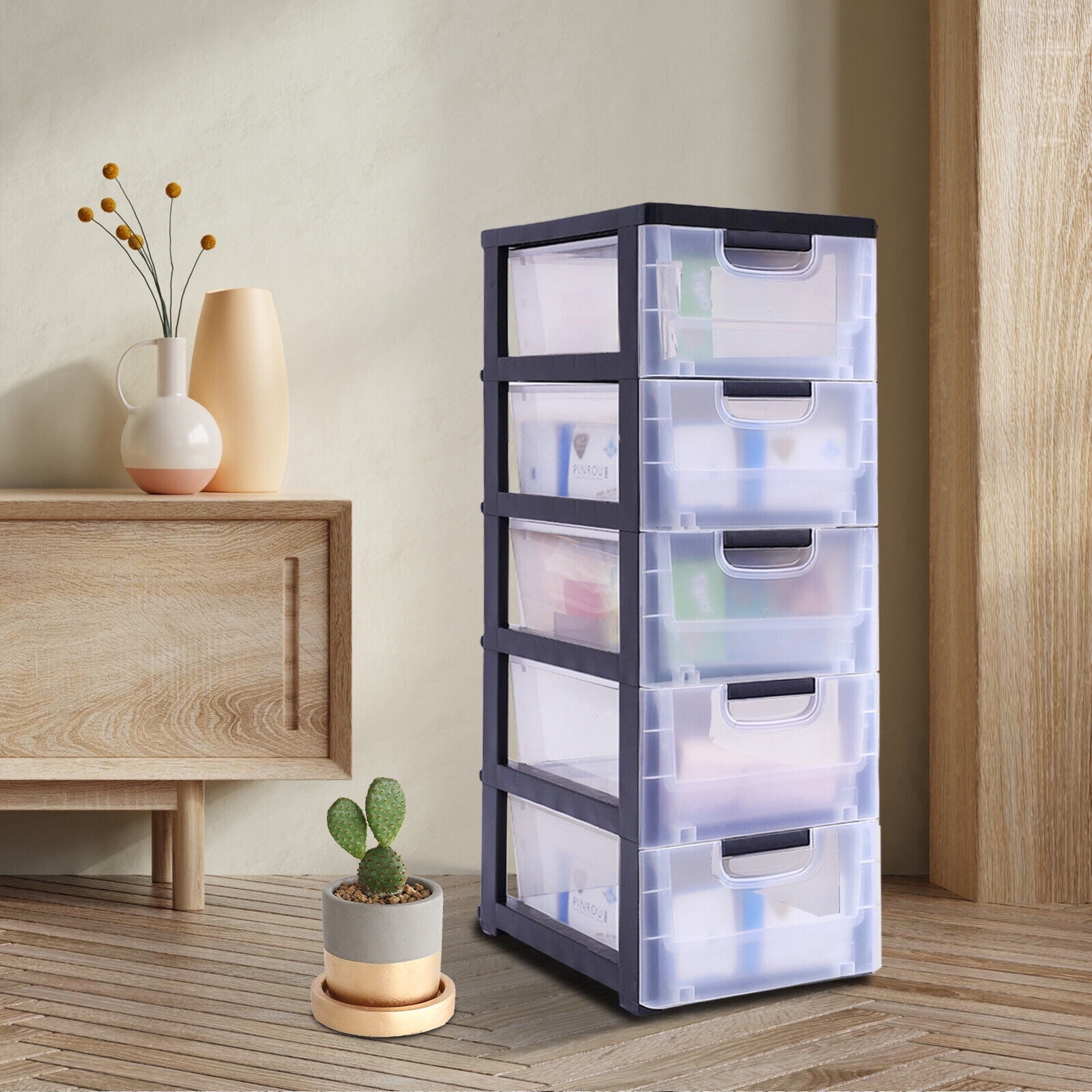 PP Plastic Storage Cabinet Clear 5 Drawers Stackable Clothes Storage ...