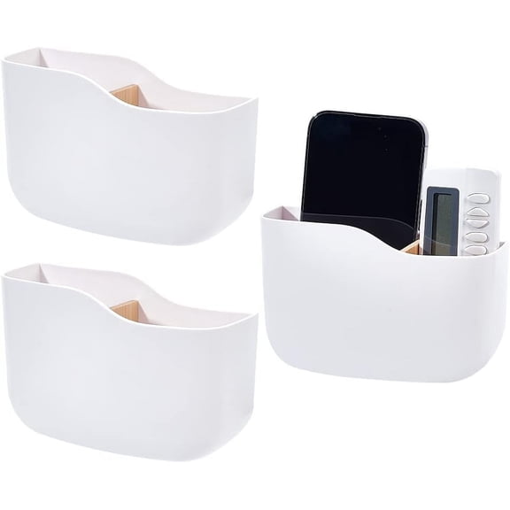 PP Plastic Wall-mounted Remote Control Holders No Punching Phone Organizer Box with Detachable Bamboo Partition & Double-sided Sticker White 138x92x51mm Hole: 96.5x7mm