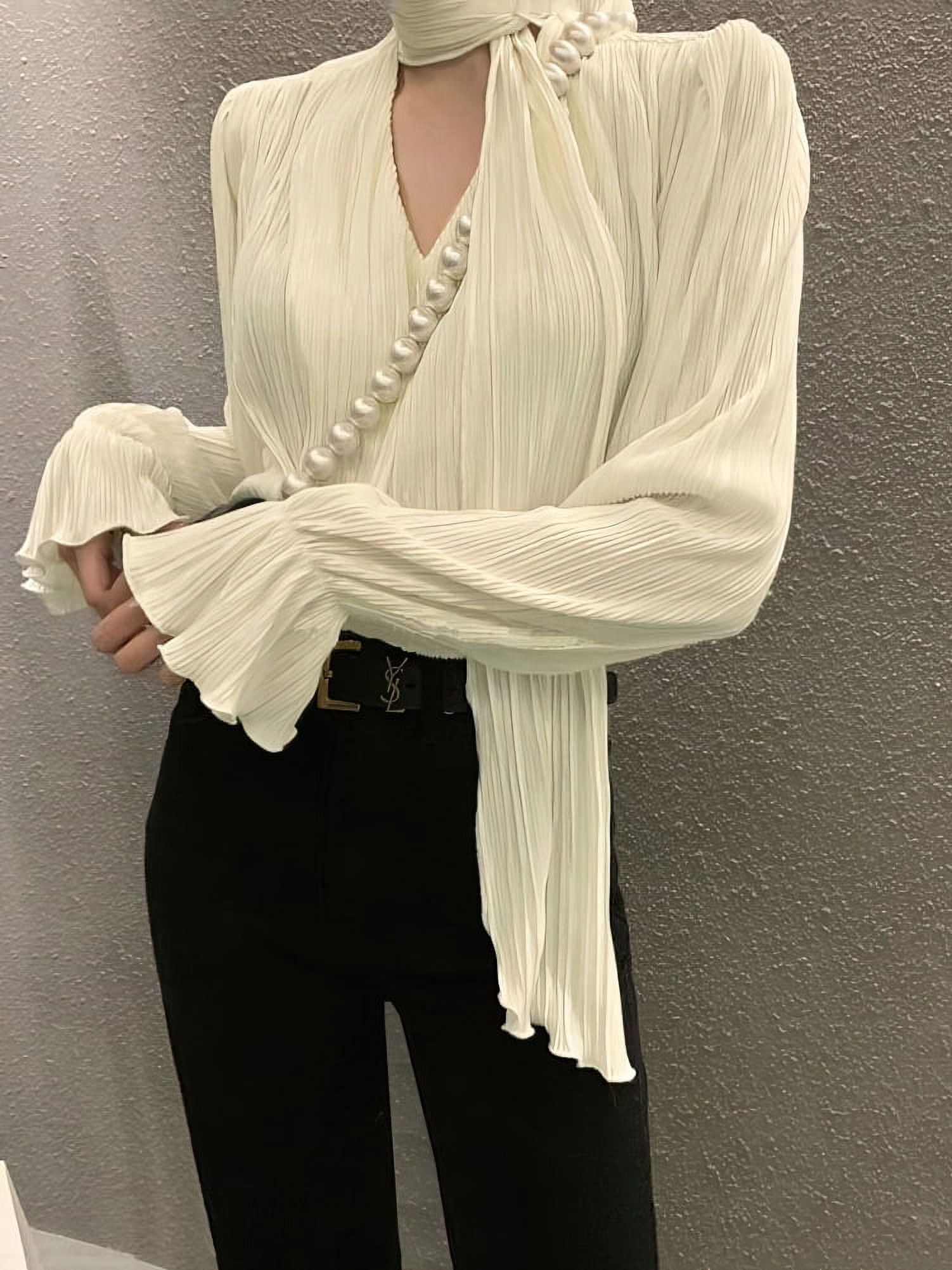 PP Pleated Elegant Long sleeve Blouse With Ties Women Luxury Ruffle V ...