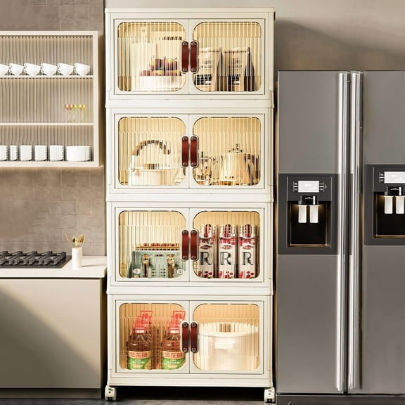 4 Tier Plastic Folding Storage Bins with Lid,Stackable Storage Containers with Wheels,Closet Organizers Storage for Living Room,Office,Dorm-46"H*21"W*13"D