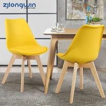 PP Upholstered Side Dining Chair with Beech Wood Legs, Yellow, Set of 2