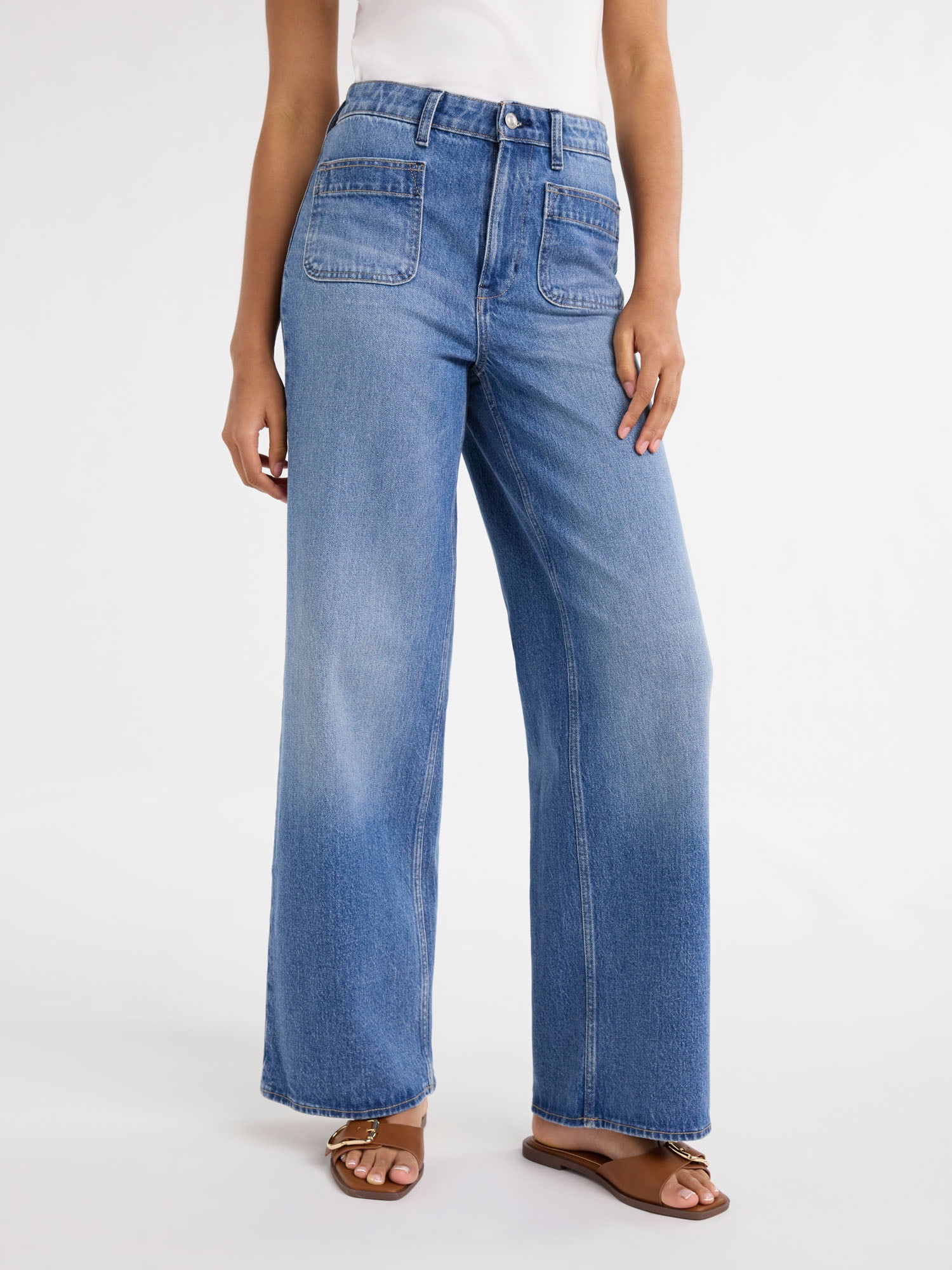 Free Assembly Women's Wide Leg Jeans with Patch Pockets, 30", 32", and 34" Inseams, Sizes 0-26 Plus