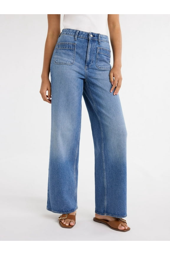 Women's and Women's Plus Wide Leg Jeans with Patch Pockets, 30", 32", and 34" Inseams, Sizes 0-26 Plus