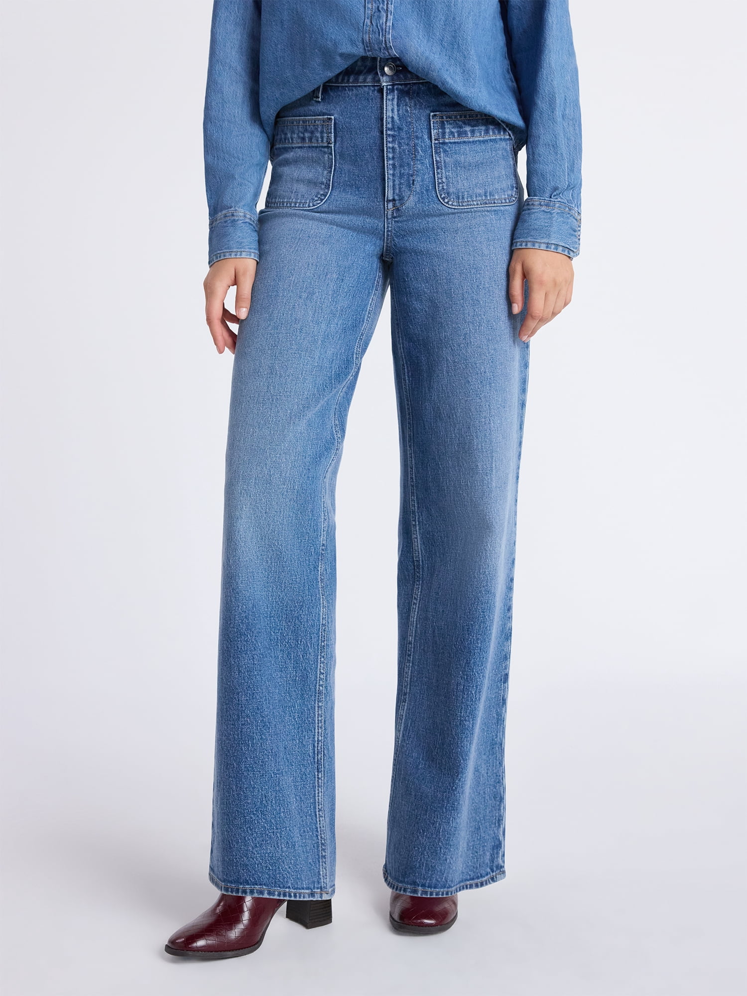 Free Assembly Women's Wide Leg Jeans with Patch Pockets, 30", 32", and 34" Inseams, Sizes 0-26 Plus