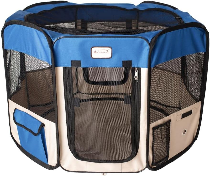 Blue and Beige Portable Pet Playpen with Mesh Vents