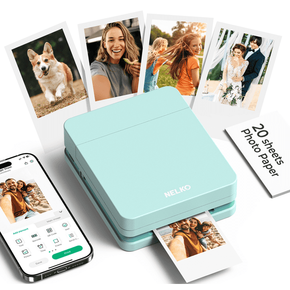 PP01 Instant Smartphone Photo Printer, Portable Mini Color Wireless Mobile Printer, Sticky-Back Photos, Bluetooth Compatible with iOS & Android Devices, Fun Editing App, Green
