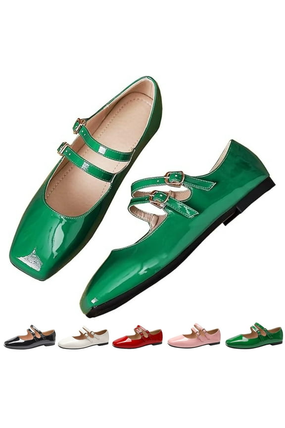 Double Buckle Mary Jane Flats for Women Square Toe Comfort Vintage Ballet Flats with Memory Foam Insole Casual Dress Ballet Flats