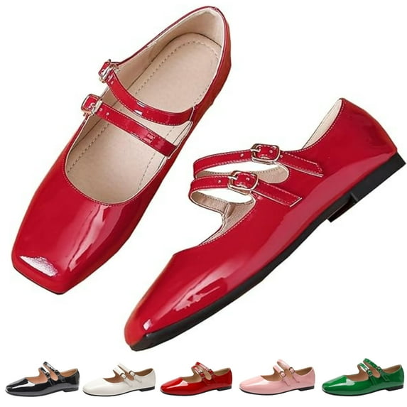 CHICVOMEY Double Buckle Mary Jane Flats for Women Square Toe Comfort Vintage Ballet Flats with Memory Foam Insole Casual Dress Ballet Flats