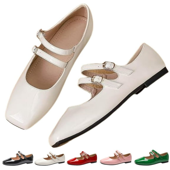 CHICVOMEY Double Buckle Mary Jane Flats for Women Square Toe Comfort Vintage Ballet Flats with Memory Foam Insole Casual Dress Ballet Flats