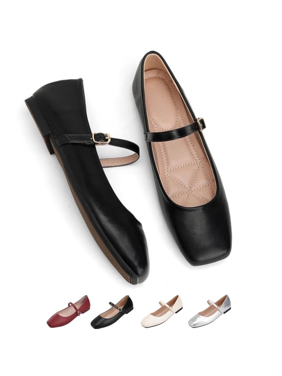 Flats for Women Mary Jane Flats Square Toe Comfort Ballet Flats with Memory Foam Insole Dressy Flats Shoes Wide Feet Friendly