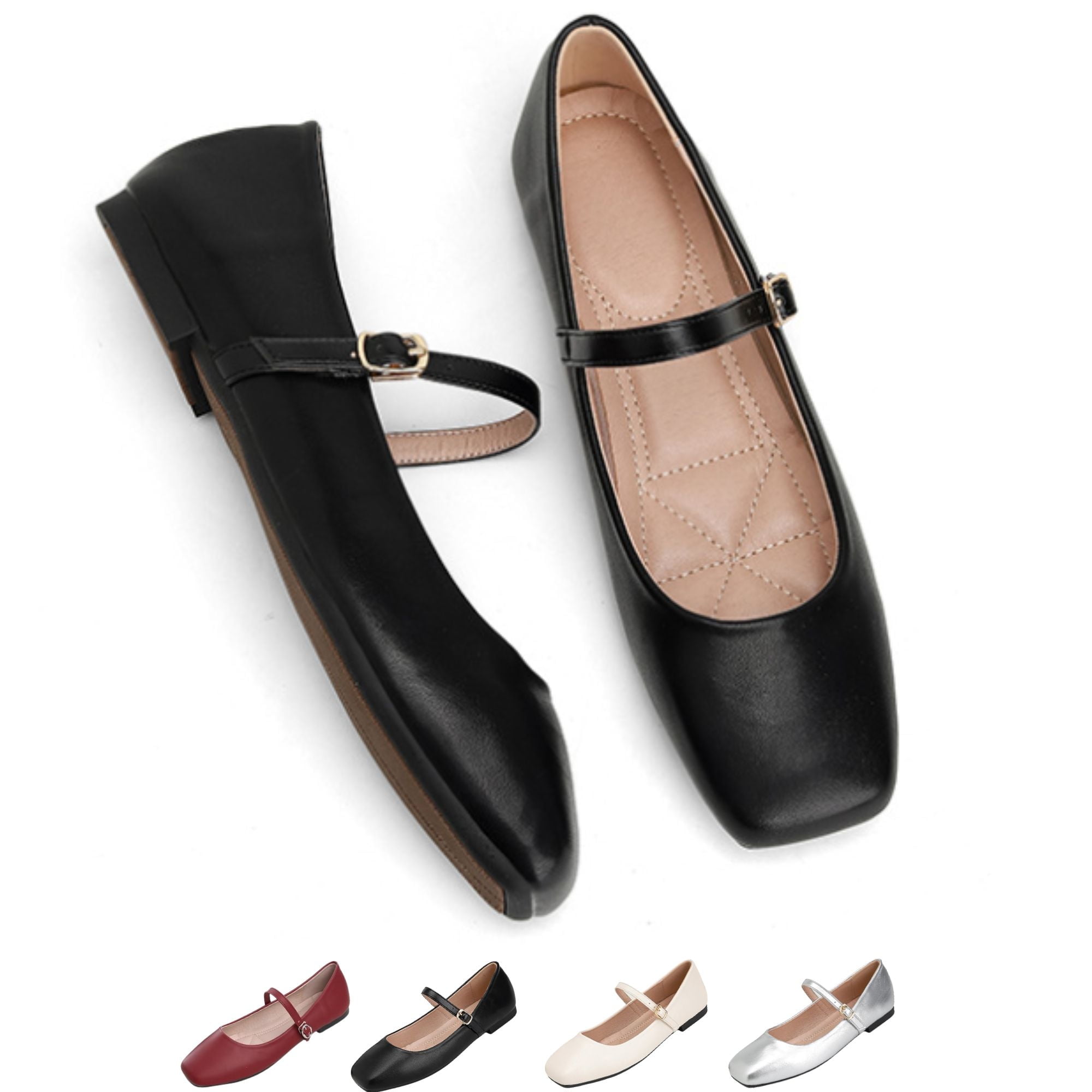 CHICVOMEY Flats for Women Mary Jane Flats Square Toe Comfort Ballet ...